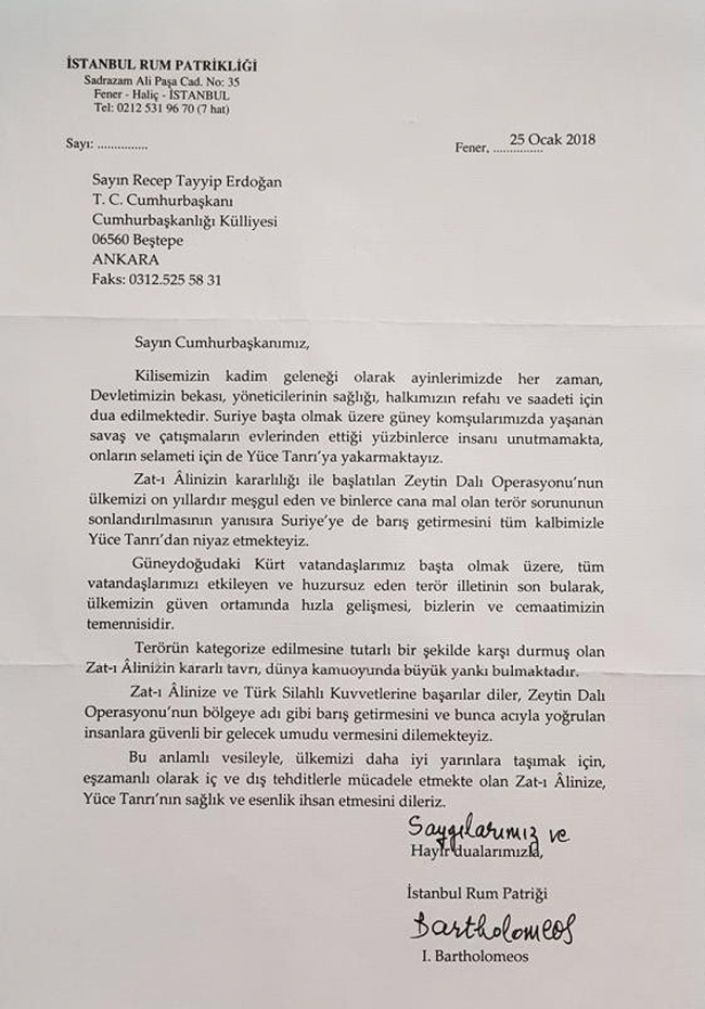 Fener Rum Patriği Bartholomeos'tan Zeytin Dalı Harekatı'na destek mektubu